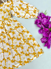 White & Mustard Bloom Print Kids Frock – Long Sleeve Casual Wear
