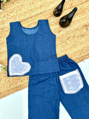 Girls Denim Co-ord Set with Lace Heart & Pocket