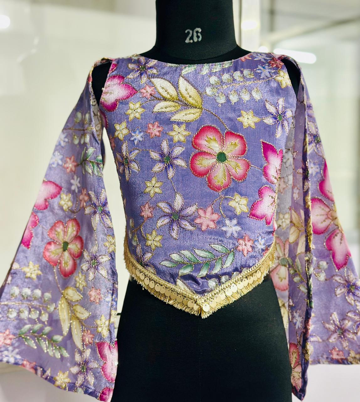 Floral Bell-Sleeve Crop Top with Ethnic Palazzo for Girls