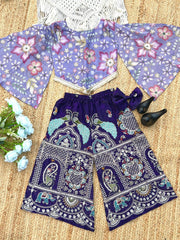 Floral Bell-Sleeve Crop Top with Ethnic Palazzo for Girls