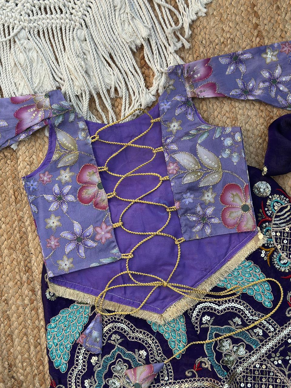 Floral Bell-Sleeve Crop Top with Ethnic Palazzo for Girls