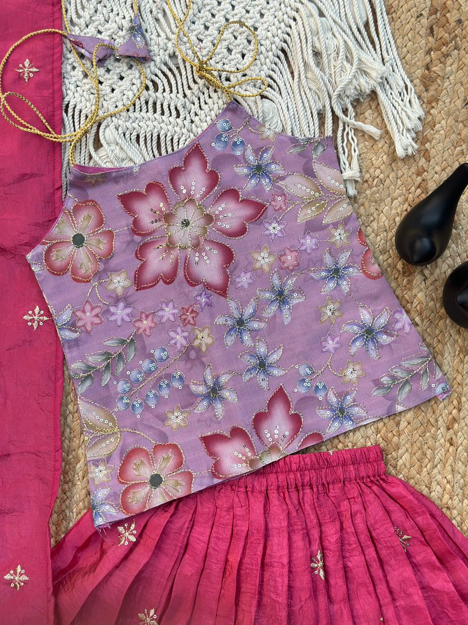 Kids Festive Pink Lehenga with Lavender Floral Blouse