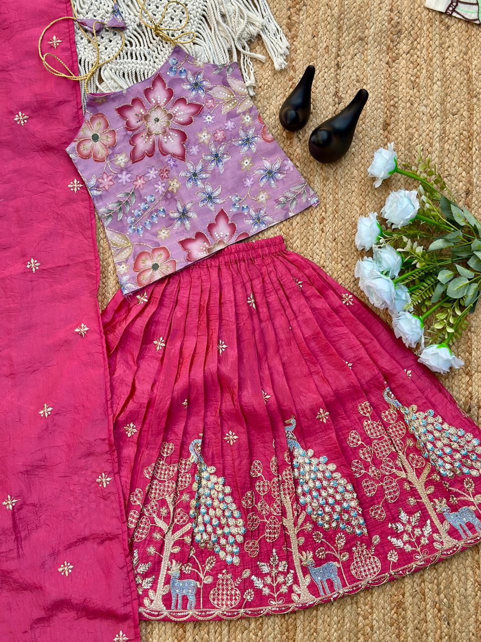 Kids Festive Pink Lehenga with Lavender Floral Blouse