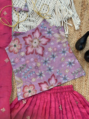 Kids Festive Pink Lehenga with Lavender Floral Blouse