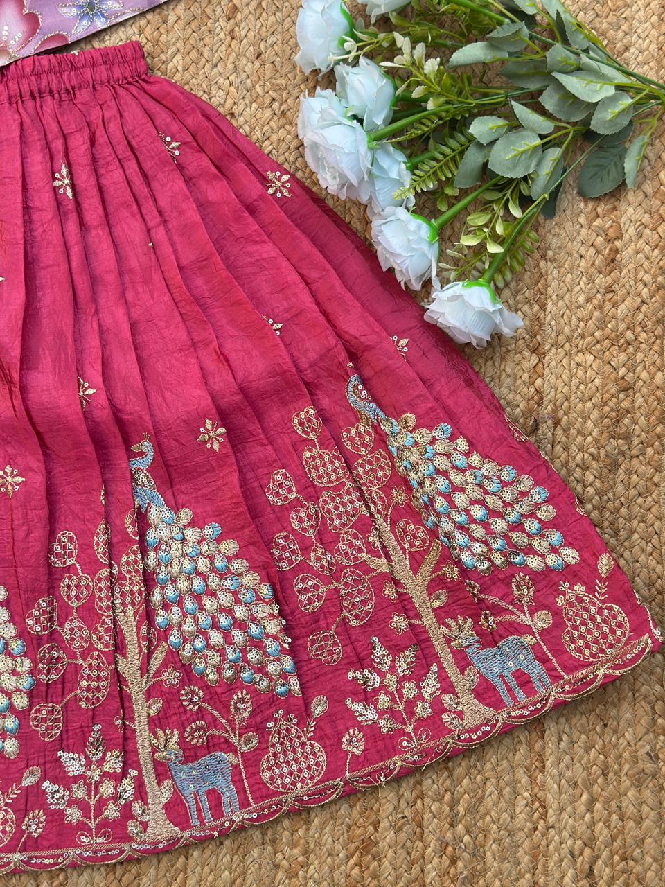 Kids Festive Pink Lehenga with Lavender Floral Blouse