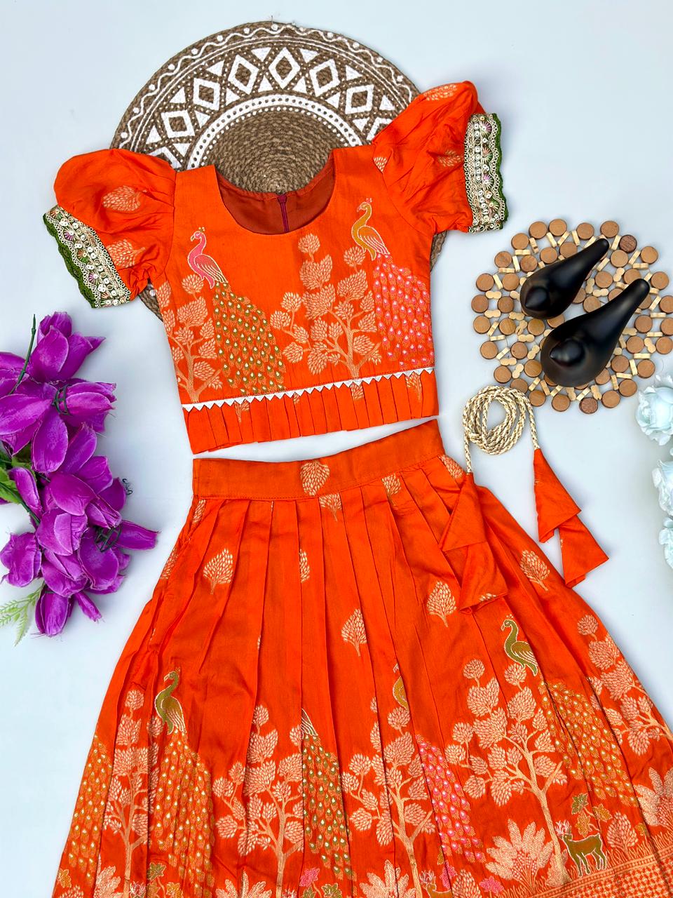 Royal Banarasi Peacock Design Kids Lehenga Choli Set