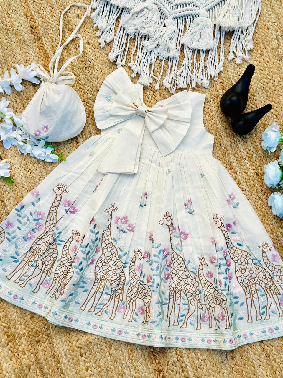 Giraffe Garden Hand-Embroidered Kids Frock