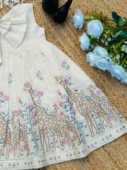 Giraffe Garden Hand-Embroidered Kids Frock