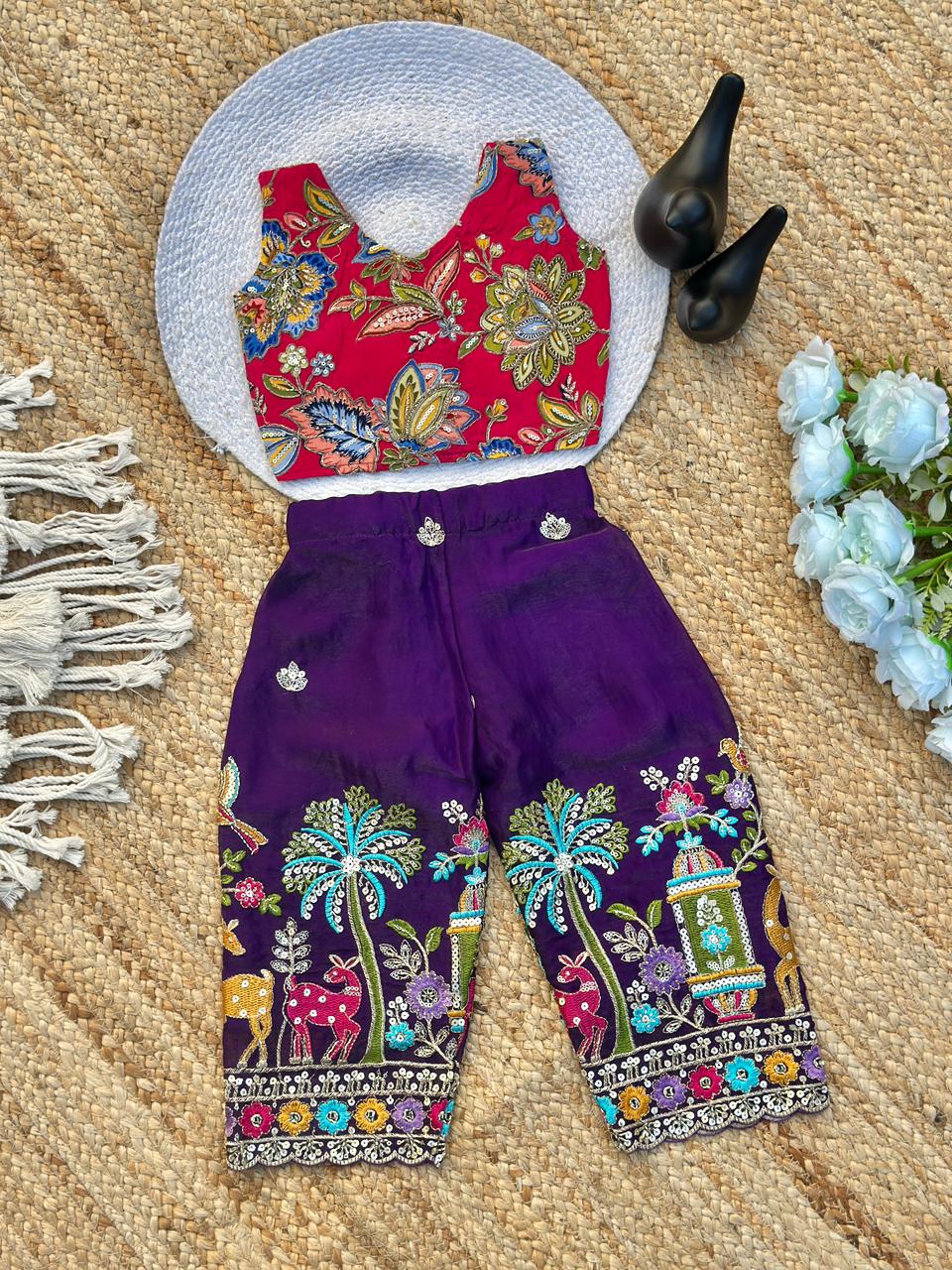 Girls Position Printed Crop Top & Hand-Embroidered Bottom Set