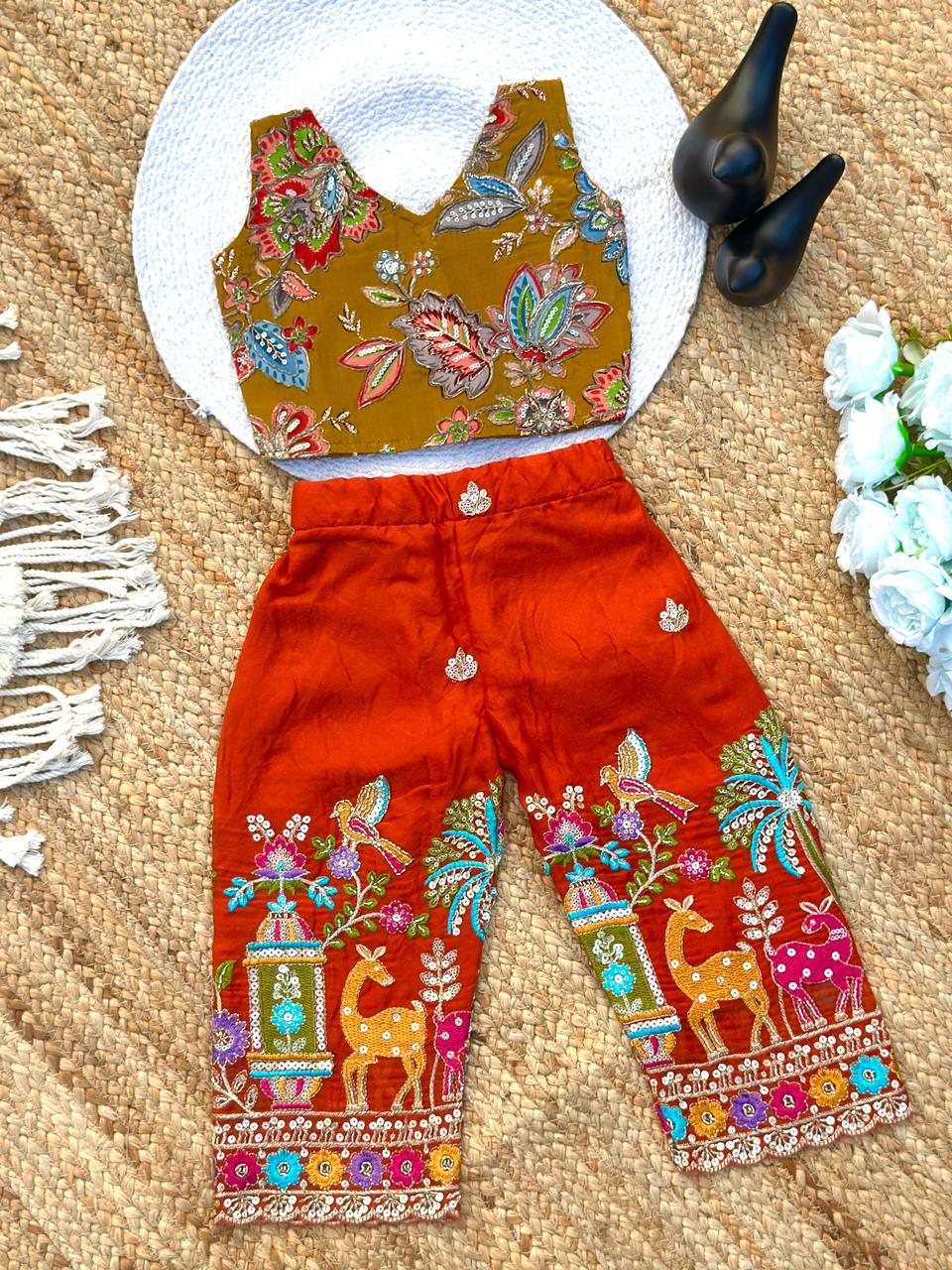 Girls Position Printed Crop Top & Hand-Embroidered Bottom Set