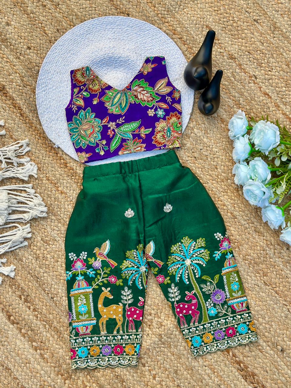 Girls Position Printed Crop Top & Hand-Embroidered Bottom Set