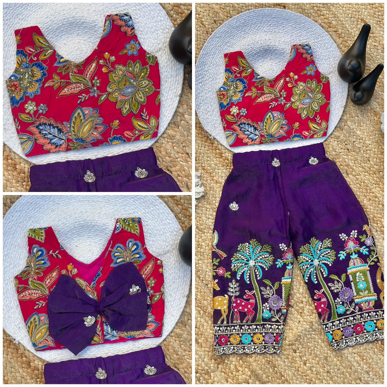 Girls Position Printed Crop Top & Hand-Embroidered Bottom Set