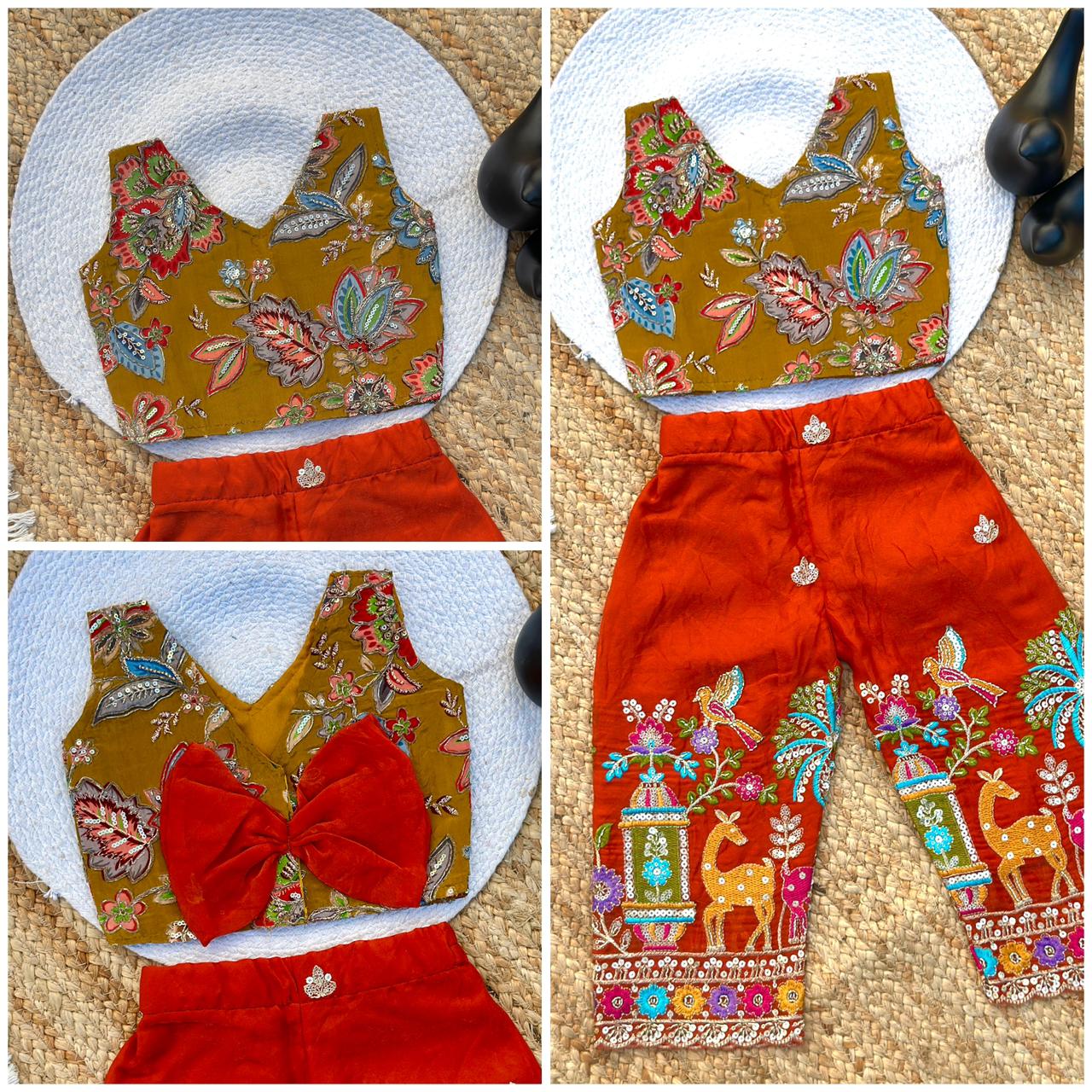 Girls Position Printed Crop Top & Hand-Embroidered Bottom Set