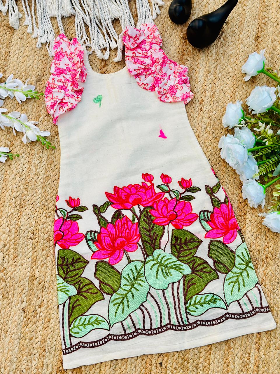 Girls Cotton Floral Dress with Lotus Print & Frill Sleeves