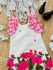 Girls Cotton Floral Dress with Lotus Print & Frill Sleeves