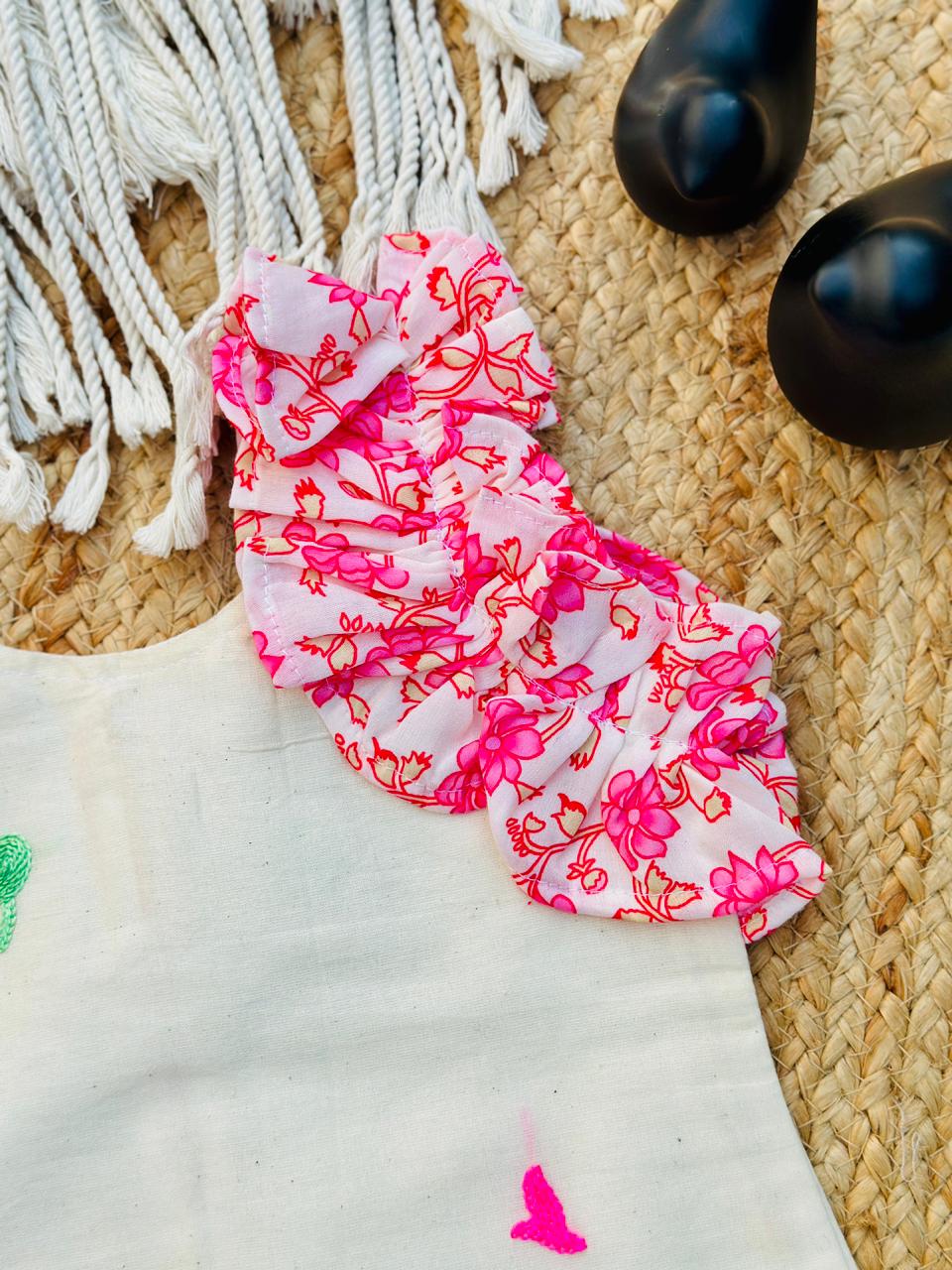 Girls Cotton Floral Dress with Lotus Print & Frill Sleeves