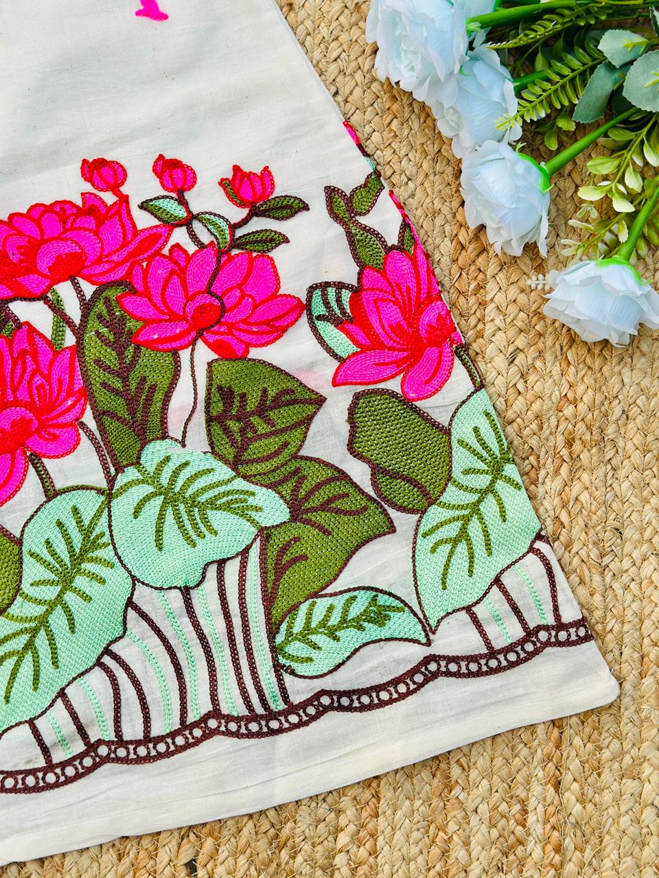 Girls Cotton Floral Dress with Lotus Print & Frill Sleeves