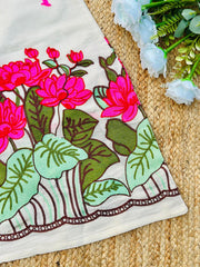 Girls Cotton Floral Dress with Lotus Print & Frill Sleeves