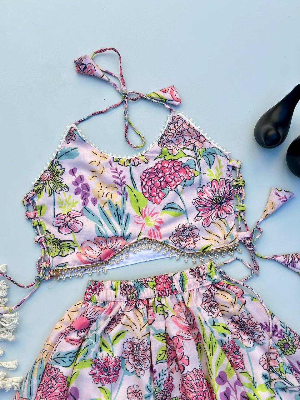 Designer Pastel Floral Halter Neck Skirt Set