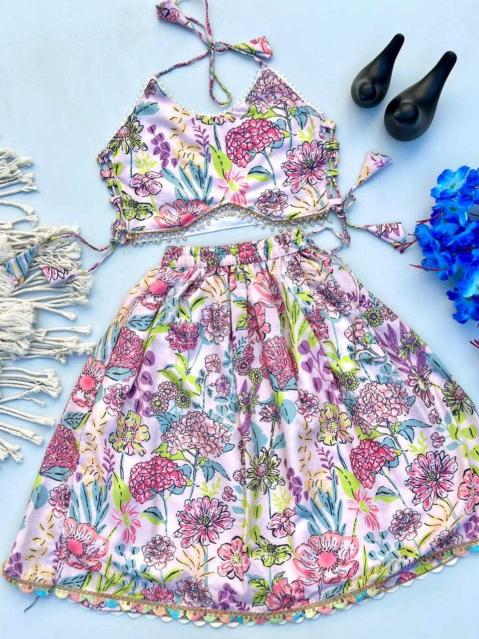 Designer Pastel Floral Halter Neck Skirt Set