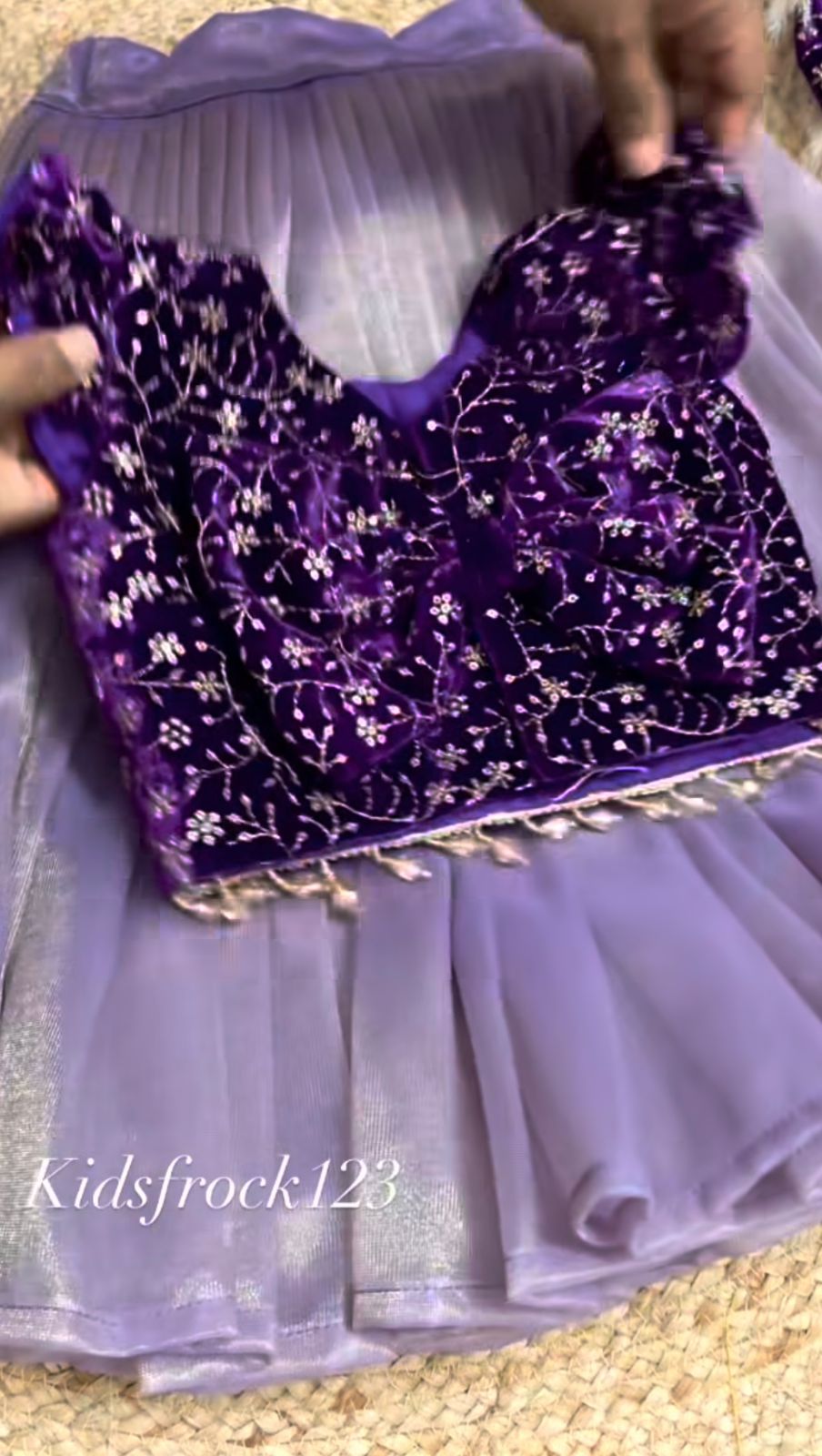 Festive Radiance: Girls' Purple Velvet Floral Sequinned Top & Lavender Twill Net Lehenga Set