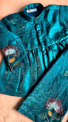Regal Teal Metallic Fendy Satin Peplum Jacket Set with Hand-Crafted Floral Detail