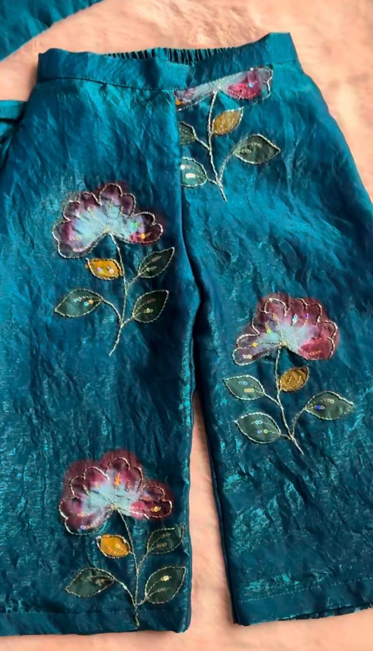 Regal Teal Metallic Fendy Satin Peplum Jacket Set with Hand-Crafted Floral Detail