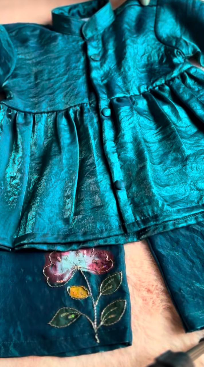 Regal Teal Metallic Fendy Satin Peplum Jacket Set with Hand-Crafted Floral Detail