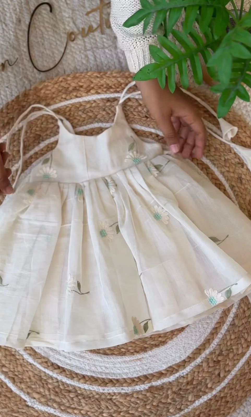 Hand-Embroidered Cotton Linen Baby Dress – White Floral Halter Sun Dress with Tie Shoulders