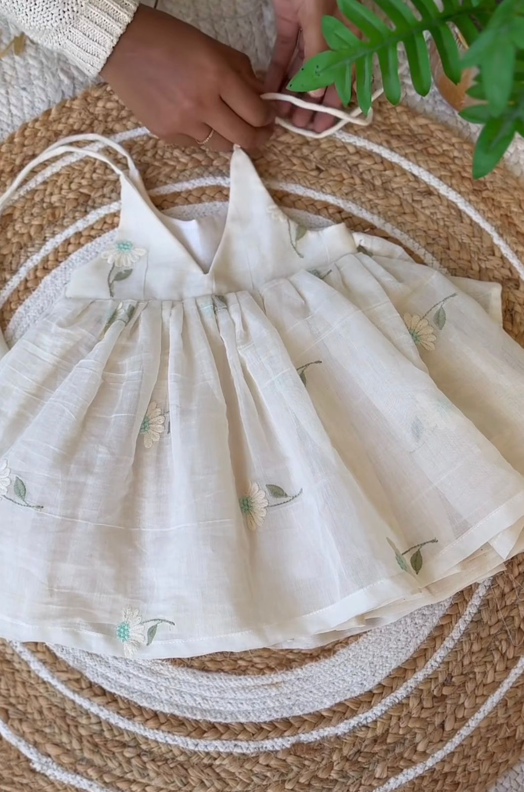 Hand-Embroidered Cotton Linen Baby Dress – White Floral Halter Sun Dress with Tie Shoulders
