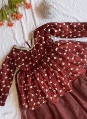 Girls' Regal Wine Twill Net Lehenga Choli Set with Geometric Pearl-Work Velvet Peplum Top