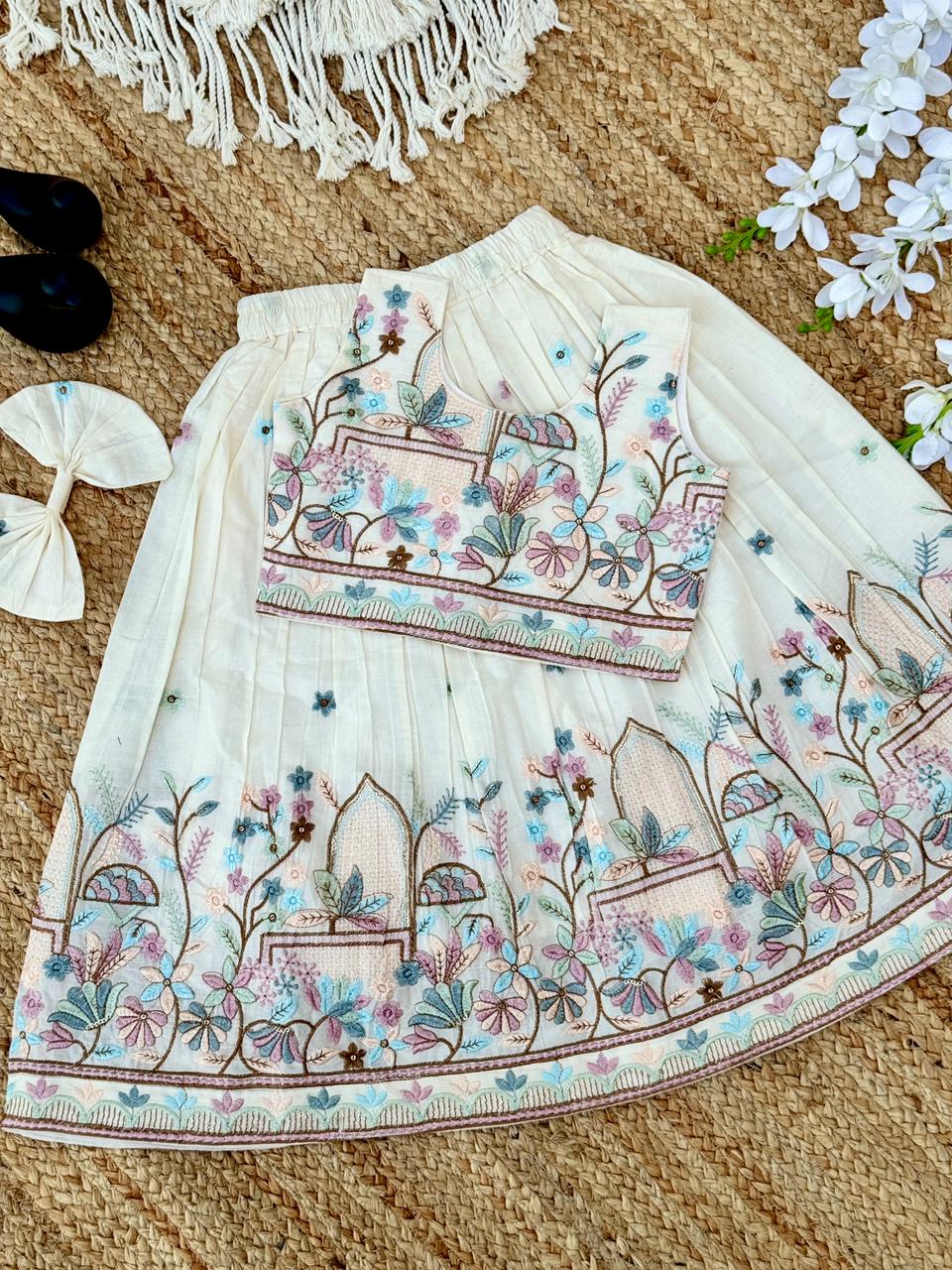 Girls' Off-White Lehenga Choli with Intricate Floral Embroidery