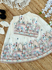 Girls' Off-White Lehenga Choli with Intricate Floral Embroidery