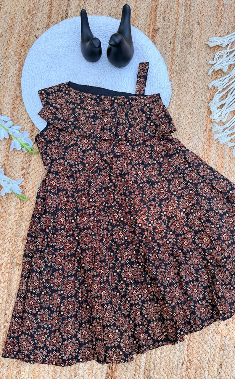 Handcrafted Ethnic Print Cotton  frock for Girls - Black & Maroon
