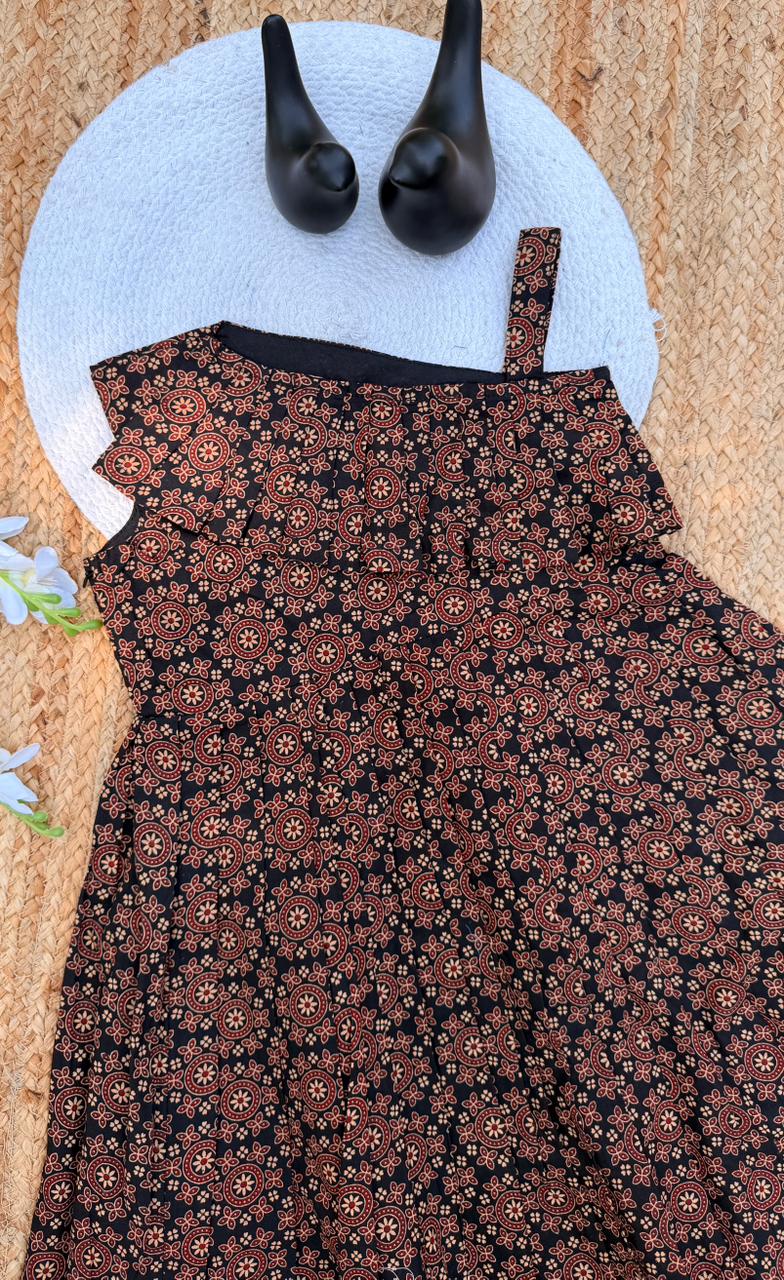 Handcrafted Ethnic Print Cotton  frock for Girls - Black & Maroon