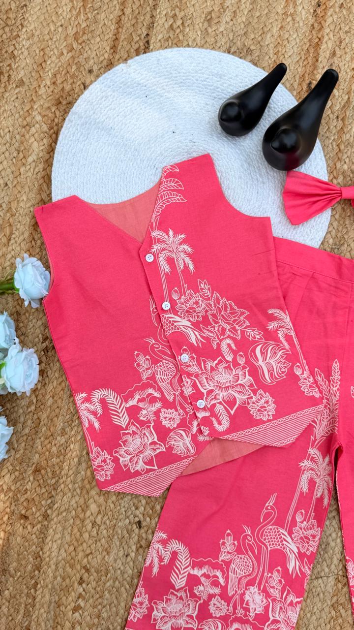 Pure Khadi Cotton Printed Vest Top and Palazzo Set with Matching Bow - Pink