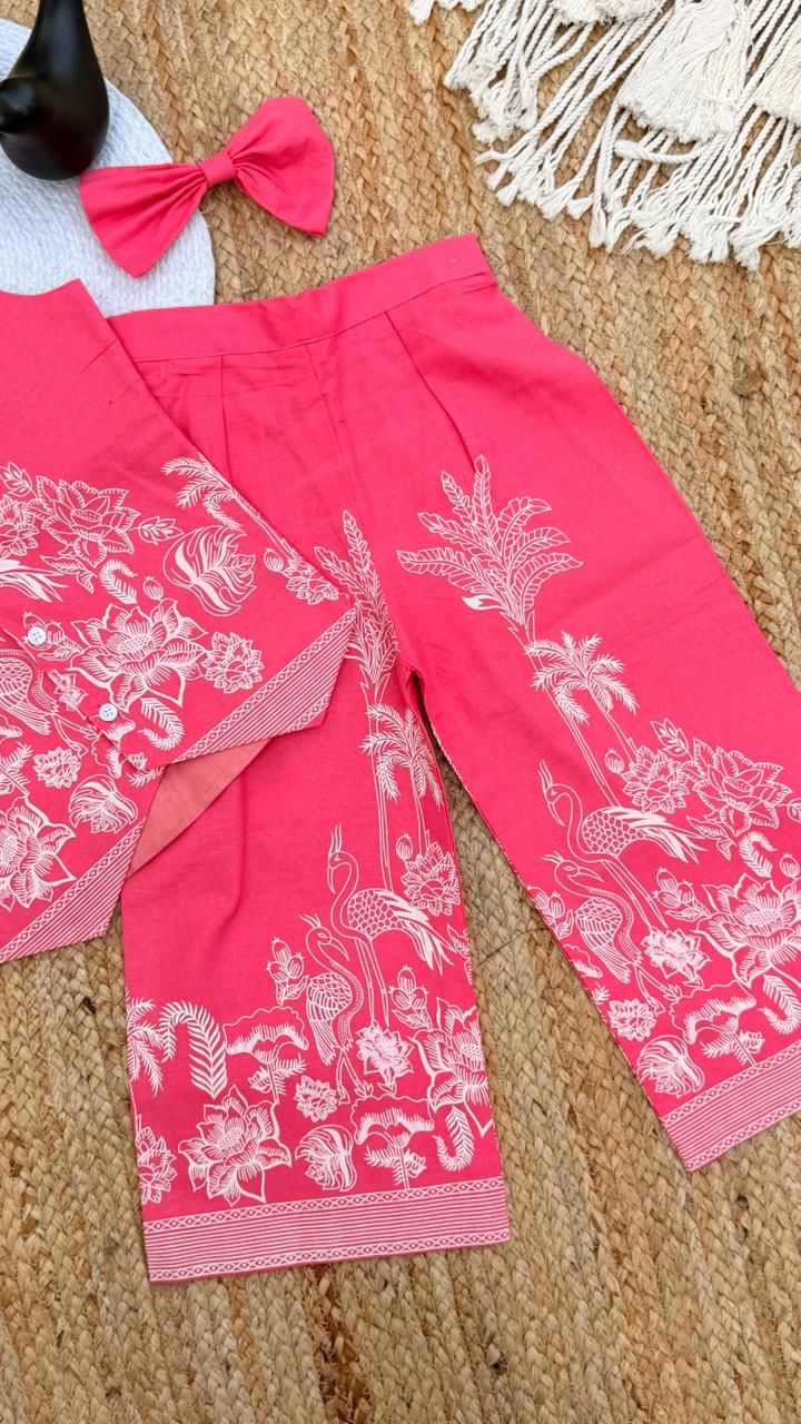 Pure Khadi Cotton Printed Vest Top and Palazzo Set with Matching Bow - Pink