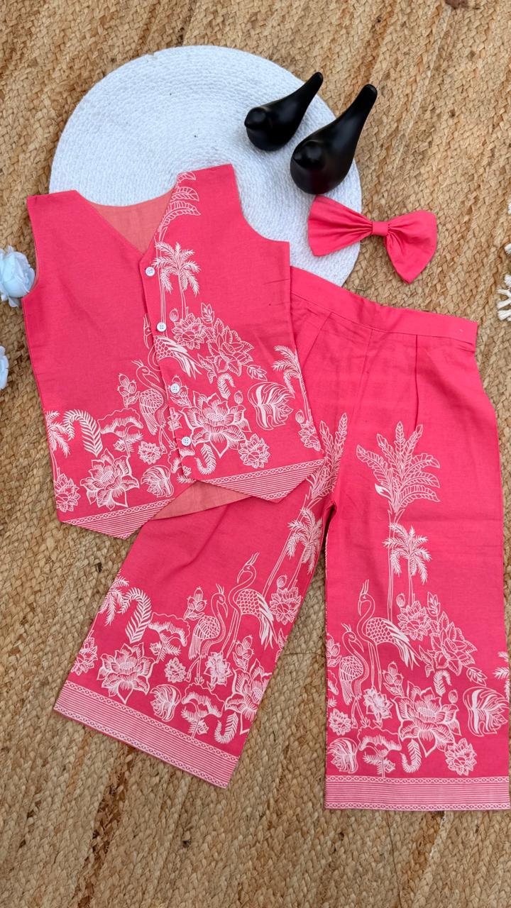 Pure Khadi Cotton Printed Vest Top and Palazzo Set with Matching Bow - Pink