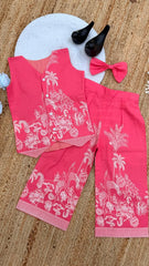 Pure Khadi Cotton Printed Vest Top and Palazzo Set with Matching Bow - Pink