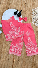 Pure Khadi Cotton Printed Vest Top and Palazzo Set with Matching Bow - Pink