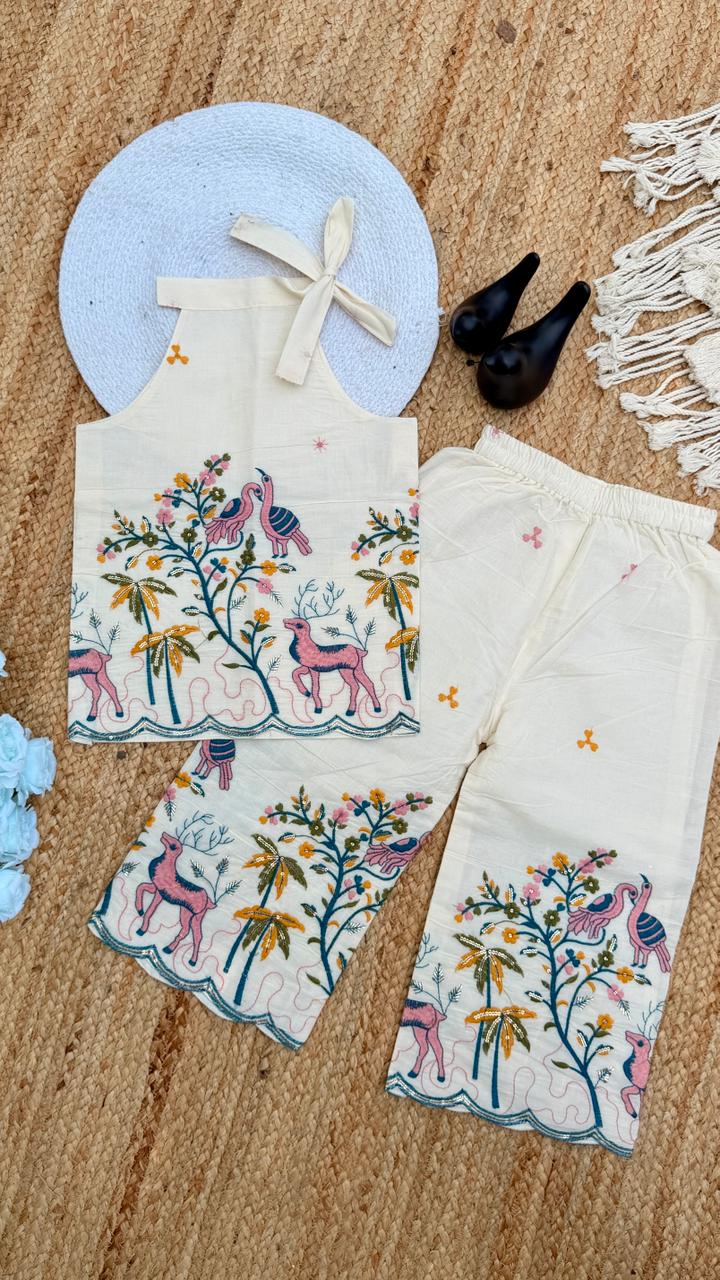 Girls Khadi Cotton Halter Neck Top and Palazzo Co-ord Set with Pichwai Embroidery