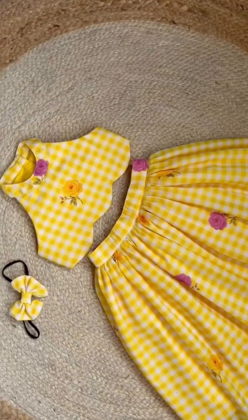 Girls Gingham Check Crop Top with Floral Printed Skirt Set