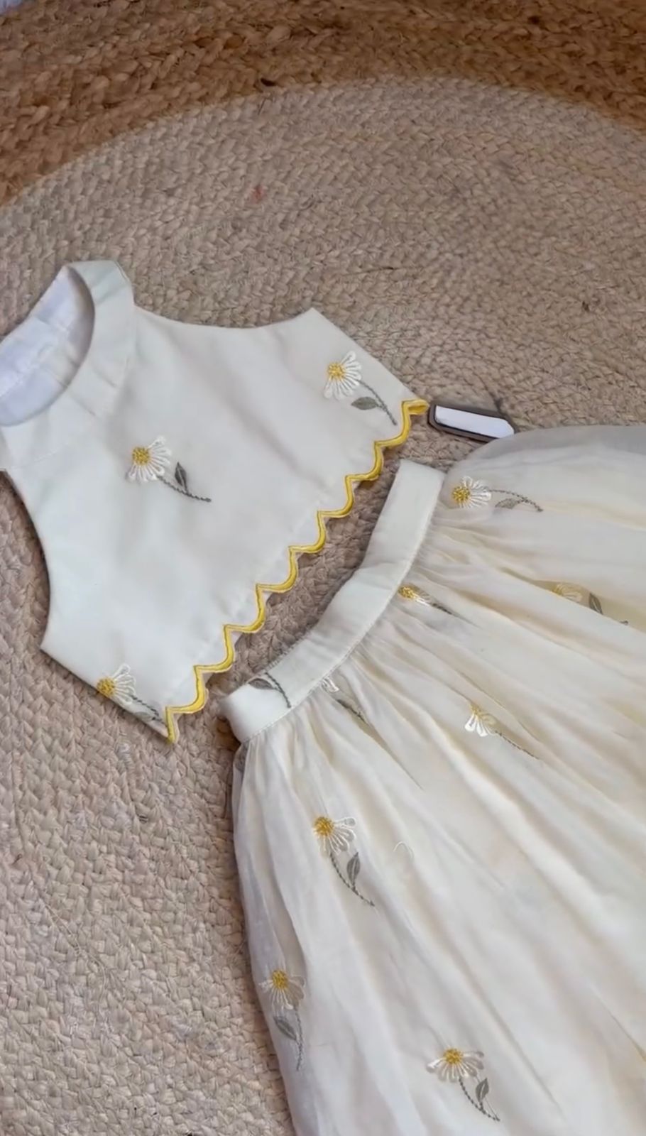 Girls Off-White Daisy Embroidered Halter Neck Crop Top & Skirt Set