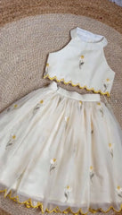Girls Off-White Daisy Embroidered Halter Neck Crop Top & Skirt Set