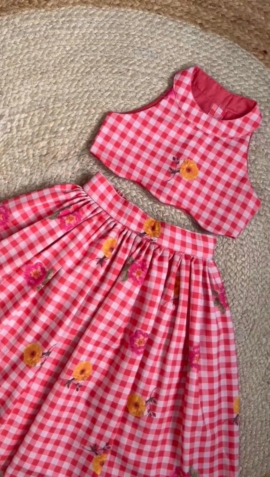 Girls Gingham Check Crop Top with Floral Printed Skirt Set
