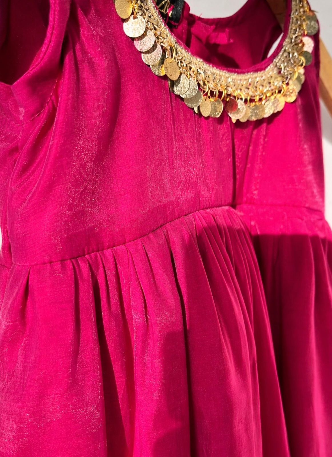 Radiant Rani Pink Designer Pleated Gown with Artisan Coin Lace