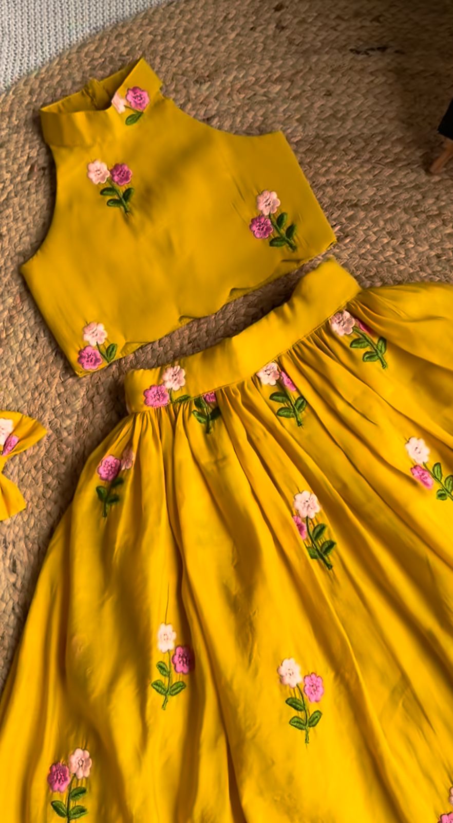 Girls' Yellow Lehenga Choli with Intricate Floral Embroidery