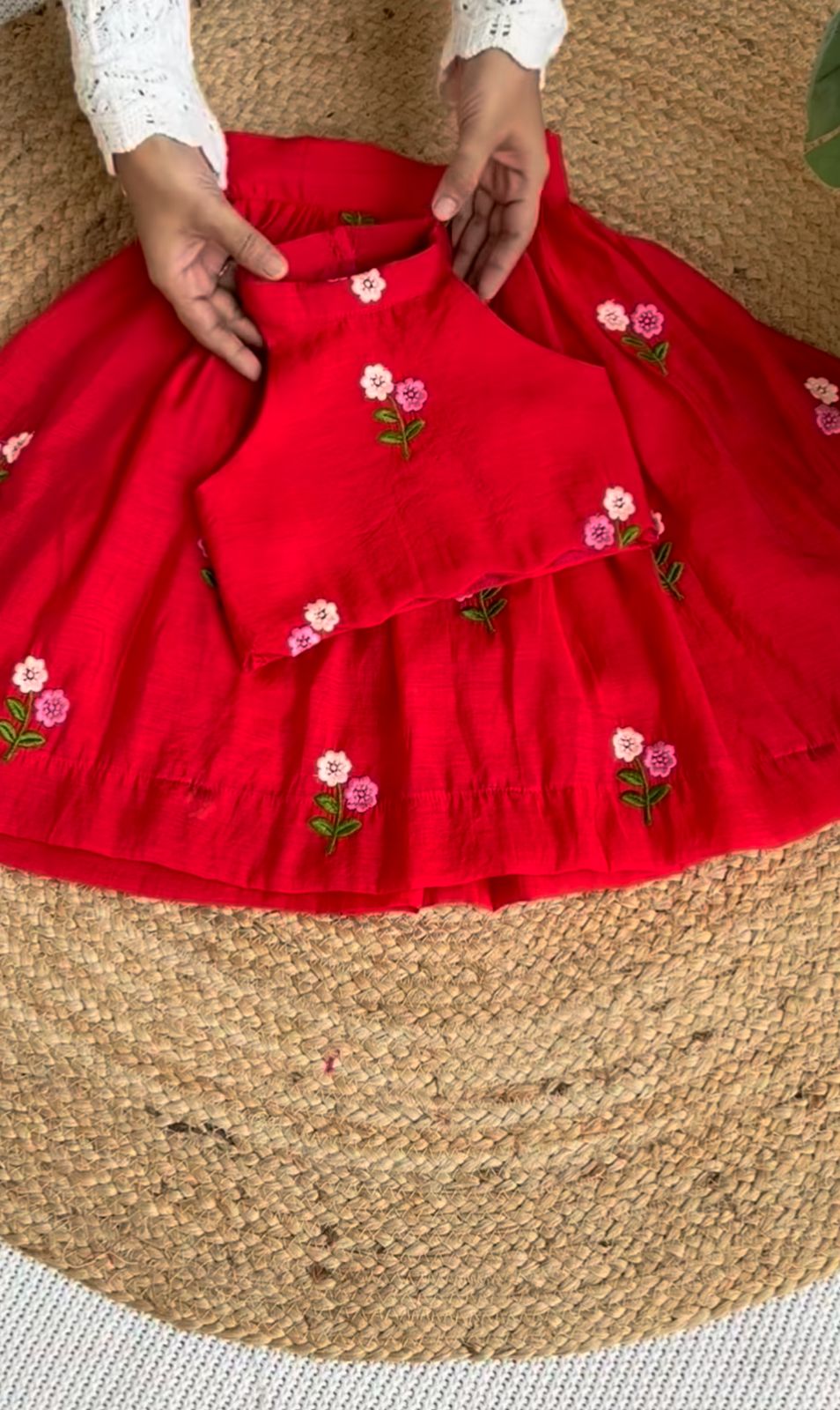 Girls' Red Lehenga Choli with Intricate Floral Embroidery