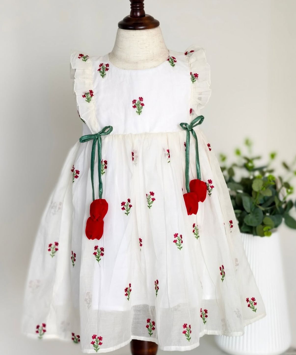 Premium White Chanderi Silk Floral Embroidered Girls Frock with Ruffle Sleeves
