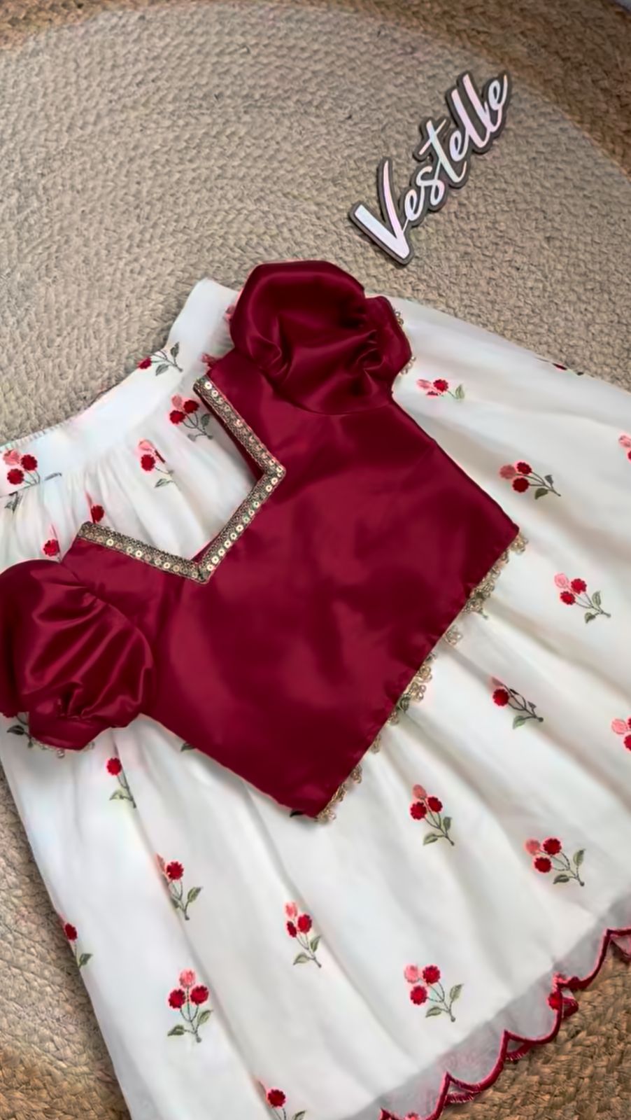 Floral Pattu Pavadai Set – Maroon Puff Sleeve Choli & White Lehenga